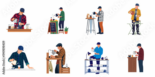 Collection of flat illustrations depicting male baristas and coffee enthusiasts preparing manual pour-over coffee with various equipment in casual settings.