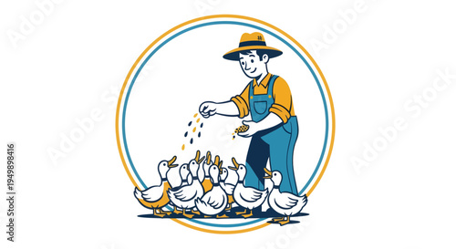 Farmer feeding a group of ducks in a circular frame.
