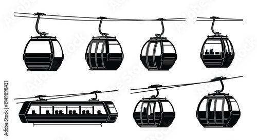 Black and white illustration of eight aerial tramway or cable car designs