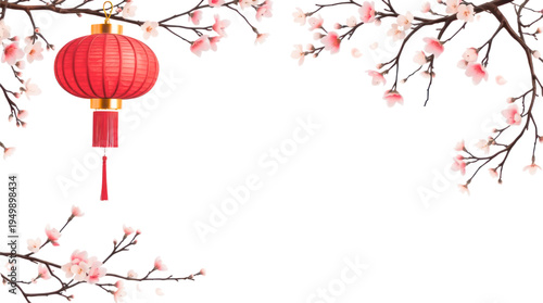 Cherry Blossom Branches with Elegant Pink Flowers Frame a Vibrant Red Chinese Lantern