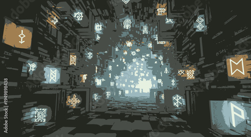 Mystical Tunnel with Ancient Symbols and Glowing Light