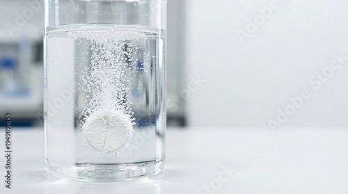 Effervescent tablet dissolving in a clear glass of water releasing many small bubbles