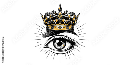 Mystical Vision: Crowned Eye with Radiant Lines, Symbolic Illustration