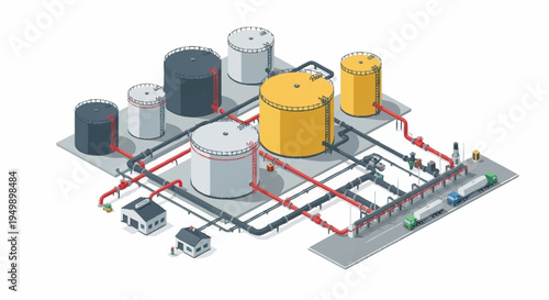 Industrial isometric pipeline system with storage tanks and machinery.