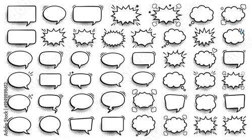 Large set of comic speech bubbles and thought balloons with halftone shadows on white background, symbolizing communication design and creative storytelling