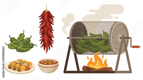 A street food vendor grills meat on a rotisserie with vegetables and spices nearby outdoors at night.