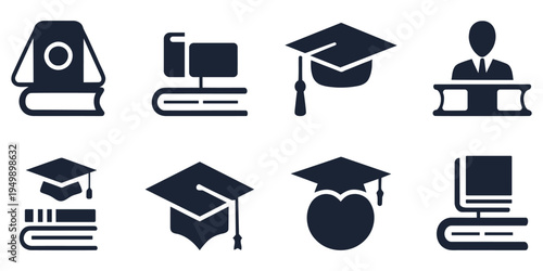 Graduation education icon set with academic school learning and university symbols. Editable vector