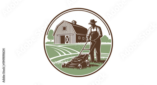 Farmer Mowing Lawn with Vintage Lawn Mower in Front of Barn.