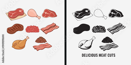 Meat food illustration collection, raw meat cuts cartoon design, butcher meat clipart set, protein food drawing illustration, meat slices artwork collection, fresh meat food illustration set, butcher 