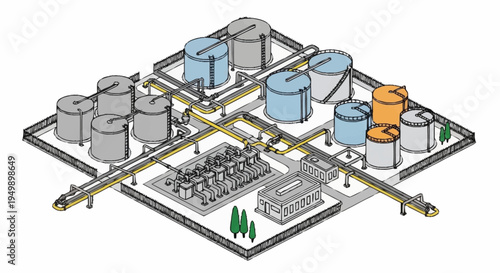 Industrial facility with storage tanks and machinery.