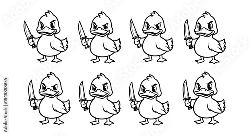 Menacing ducks with knives a repeated quirky black and white illustration
