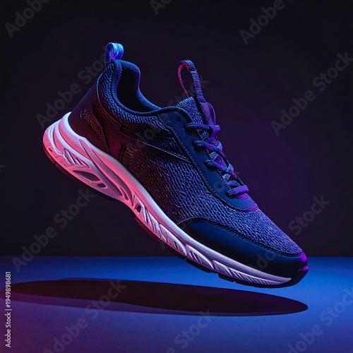 A sleek, dark sneaker with vibrant pink and blue lighting