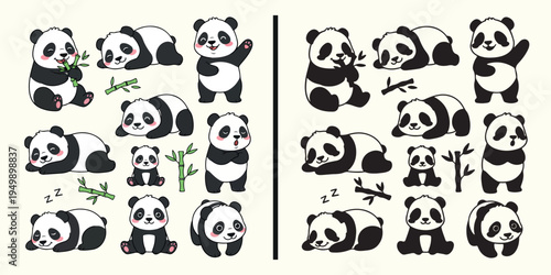 Cute panda cartoon collection, panda bear illustration set, funny panda character artwork, adorable panda mascot drawing, kids animal panda cartoon design, panda wildlife illustration set, cute panda 