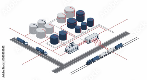 Industrial site with storage tanks and train tracks.
