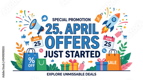 April Offers Banner with Shopping Elements and Rocket