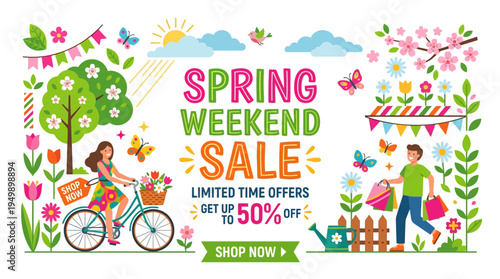 Spring Weekend Sale Banner with Cyclist and Shopper