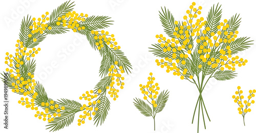 Simple flat design mimosa flower vector illustration set featuring a wreath, bouquet, and branches for spring decoration.