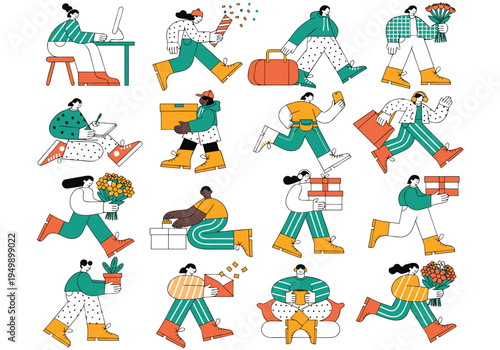 Sixteen flat vector character illustrations of people in dynamic poses carrying objects like gifts and flowers in green and orange tones.