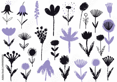 A set of twenty-four tall wildflower illustrations and botanical stems featuring grainy charcoal outlines and lavender fills is scattered on a white surface.