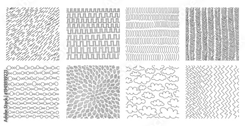 Hand-drawn crosshatch patterns with organic lines and pencil textures vector illustration set. Sketch-style hatching creates depth through diagonal strokes and cross-line shading techniques.