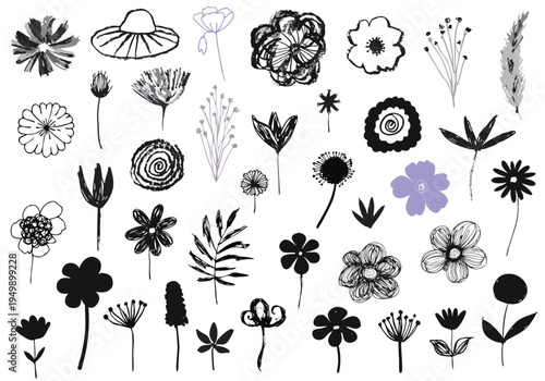 Numerous small floral doodles and botanical sketches including black silhouettes and fine line-art drawings are distributed randomly across a white background.