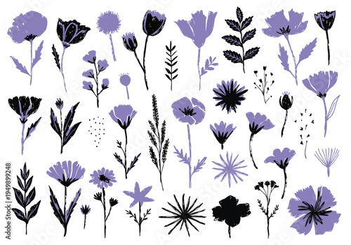 A comprehensive collection of forty lavender and black floral illustrations featuring heavy chalk textures and rough brushstroke edges on a white background.