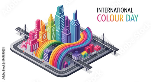 Isometric illustration of a vibrant cityscape with a rainbow-colored road and buildings, celebrating International Colour Day with a bright colorful design on a white background.