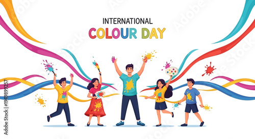 Illustration of diverse people celebrating International Colour Day with colorful streamers and vibrant hues on a white background, conveying a joyful mood with creative color concept.