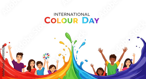 A vibrant illustration celebrating International Colour Day with a diverse group of people and a rainbow color spectrum on a white background.