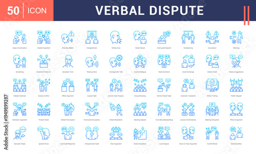 Verbal Dispute Icon Set. angry conversation, heated argument, shouting match, disagreement, yelling face and more. Line Gradient vector icons collection.