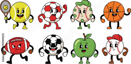 Cute cartoon sports ball characters collection tennis soccer baseball basketball vector illustration set