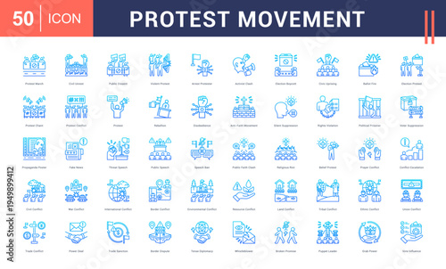 Protest Movement Icon Set. protest march, civil unrest, public dissent, violent protest, arrest protester and more. Line Gradient vector icons collection.