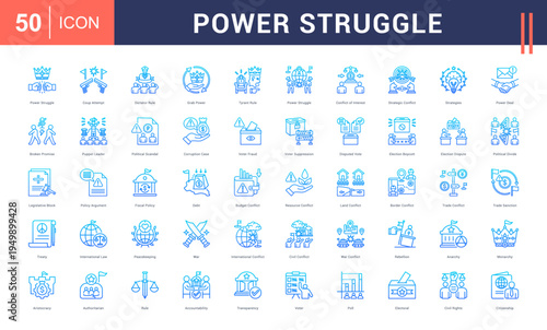 Power Struggle Icon Set. power struggle, coup attempt, dictator rule, grab power, tyrant rule and more. Line Gradient vector icons collection.