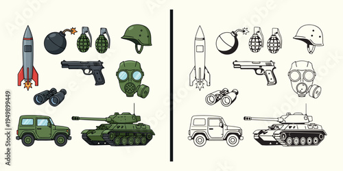Military equipment illustration set, army gear cartoon icons design, soldier weapon clipart collection, military helmet tank grenade illustration, army equipment cartoon artwork, military tools icon s