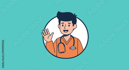 Friendly male doctor waving hand in a circular frame illustration.