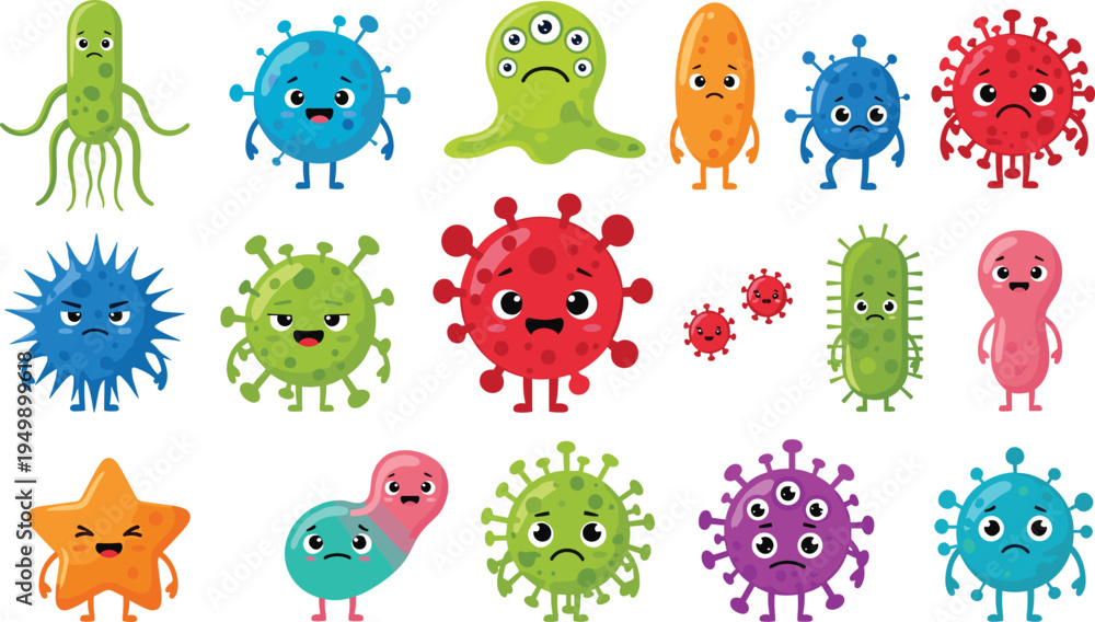Obraz premium Cute cartoon virus and bacteria characters collection colorful microbes vector illustration set