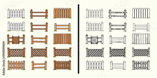 Wooden fence illustration set, garden fence cartoon design, wooden barrier clipart collection, farm fence drawing elements, rustic wooden fence artwork, backyard fence illustration design, wooden barr