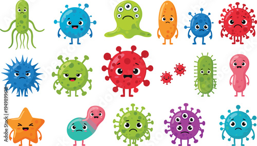 Cute cartoon virus and bacteria characters collection colorful microbes vector illustration set
