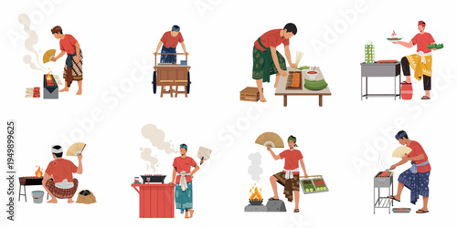 Collection of flat vector illustrations depicting Indonesian street food vendors preparing and selling traditional satay in various local costumes and settings.