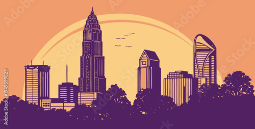 Charlotte North Carolina Sunset Cityscape with Skyline Silhouette