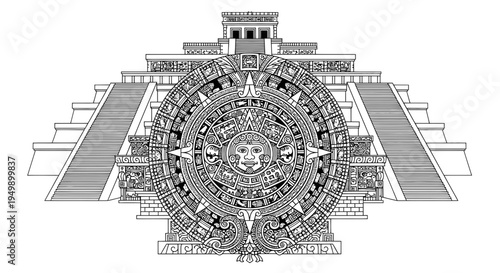 Ancient Aztec Sun Stone Calendar Pyramid Illustration