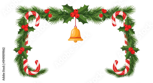 Christmas Garland Frame with Candy Canes, Holly, and Bell