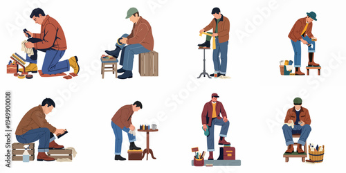Flat illustration set of men polishing and cleaning their leather boots and shoes using various tools and brushes.