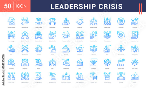 Leadership Crisis Icon Set. political scandal, corruption case, power struggle, coup attempt, dictator rule and more. Line Gradient vector icons collection.