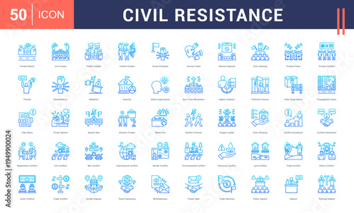 Civil Resistance Icon Set. protest march, civil unrest, public dissent, violent protest, arrest protester and more. Line Gradient vector icons collection.