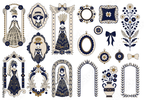 Hand drawn wedding themed illustrations featuring brides in various dresses framed by decorative borders along with flower vases and ornamental frames.