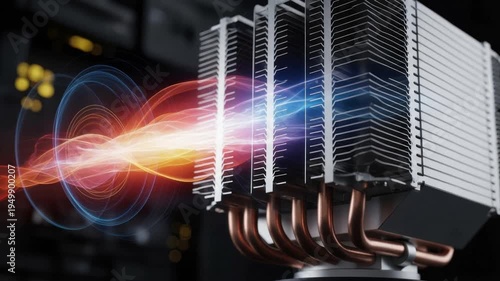 Close-up view of a computer heat sink with colorful heat waves emanating from it in a dark