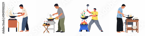 Set of illustrations depicting various street food vendors and male chefs cooking stir-fry in woks over high heat on portable gas stoves.