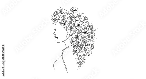 Stylized Profile of a Woman with Floral Hair.