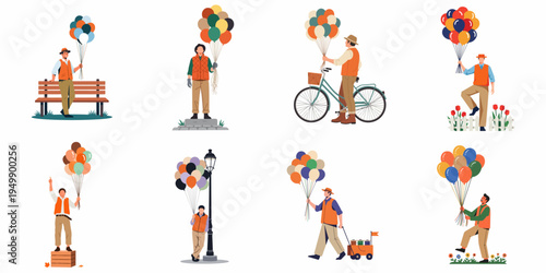 Set of eight flat vector illustrations of a male balloon seller in various park settings holding bunches of colorful balloons.